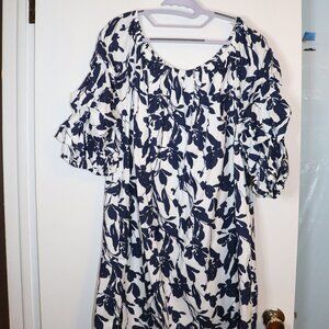 MSK Women's Navy & White Floral Lined Dress w/ Puckered Sleeve 3x NWOT